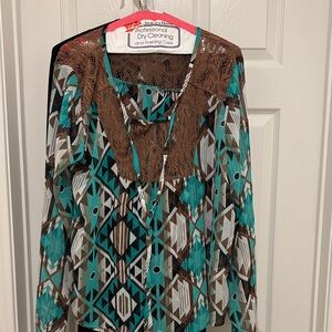 Elegant Teal and Brown Geometric Blouse with Lace